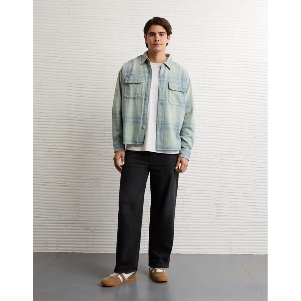 New American Eagle Button Large Sage Green Plaid Boxy Fit Cotton Casual Shirt